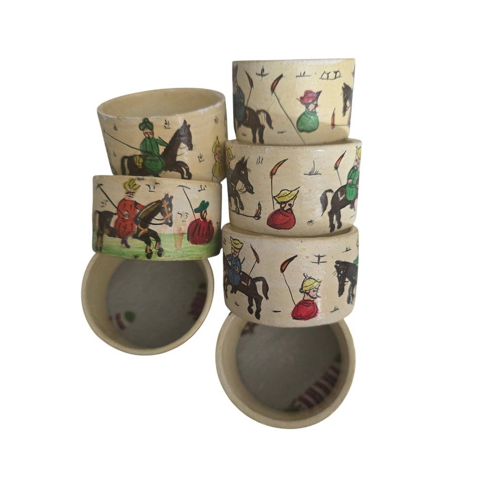 Vintage Hand Painted Polo Player Napkin Rings Set of 7 Equestrian Folk Art Cream